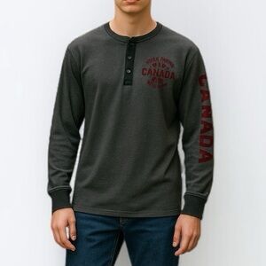 HBC Official Canada Olympic Apparel Long Sleeve Henley In Charcoal Grey | Size M